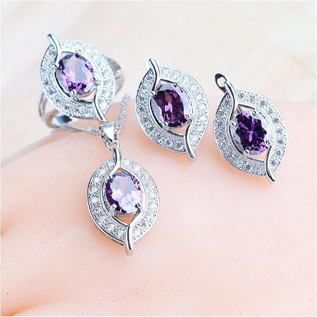 OLALACLAYCO, 4 Pcs Flower Drop Emerald Green Big Cubic Zircon Dubai Women Party Costume Jewelry Sets for Brides Wedding Luxury, Platinum Plated Jewlery Set, gifts for family and loved ones during the holidays. (Purple Zircon 925 Silver)