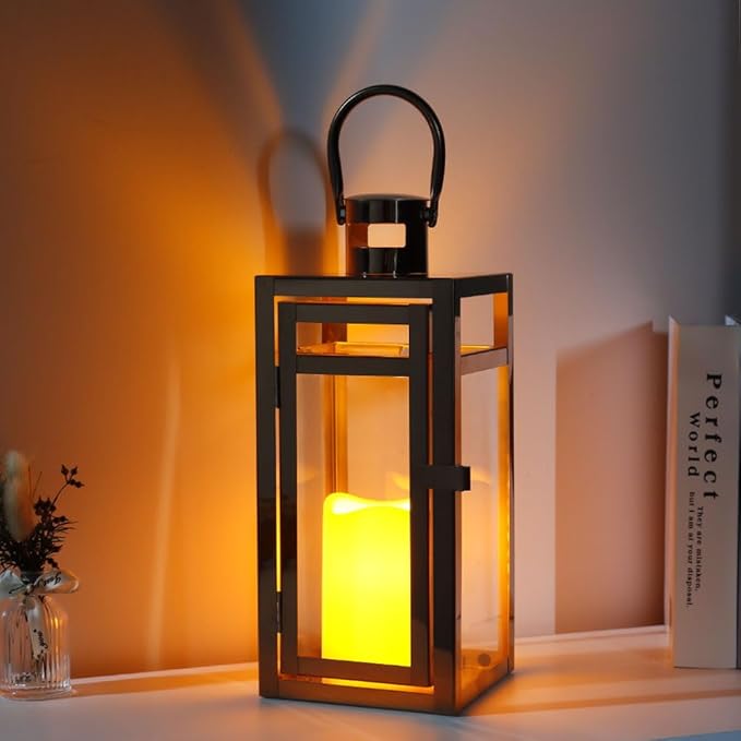 TRIROCKS Set of 2 Stainless Steel Decorative Lantern 12'' High Metal Candle Holder with Clear Glass Panels Perfect for Home Decor Living Room Parties Events Tabletop Indoors Outdoors (Rose Gold)