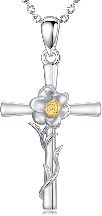 Flower Necklace Sunflower/Violet/Daffodil Necklace Sterling Silver Flower Cross Pendant Jewelry Gifts for Women