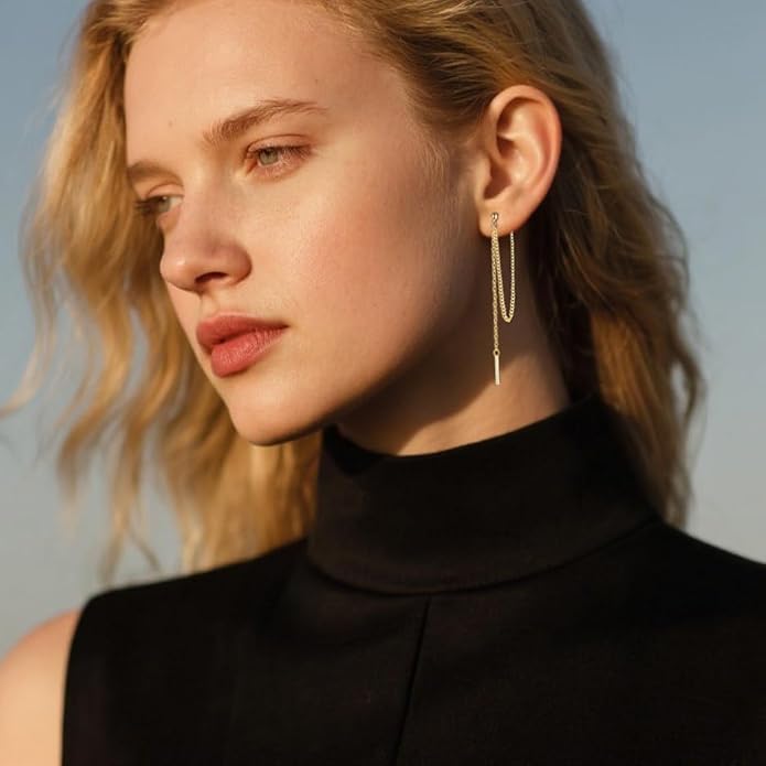 SLUYNZ Solid 925 Sterling Silver Bar Dangle Earrings for Women Minimalist Dangle Earrings Threader Chain