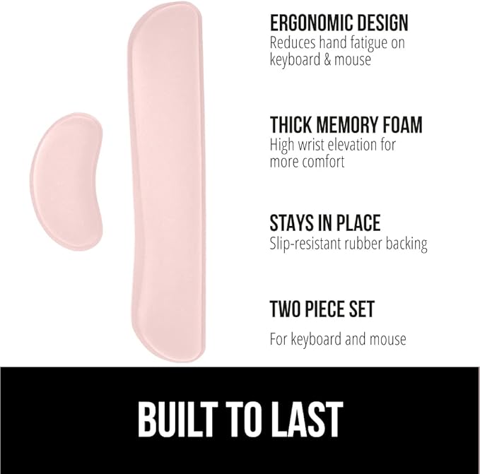 GORILLA GRIP Silky Gel Memory Foam Wrist Rest for Computer Keyboard, Mouse, Ergonomic Design for Typing Pain Relief, Desk Pads Support Hand Arm Mousepad Rests, Stain Resistant, 2 Piece Pad, Light Pink