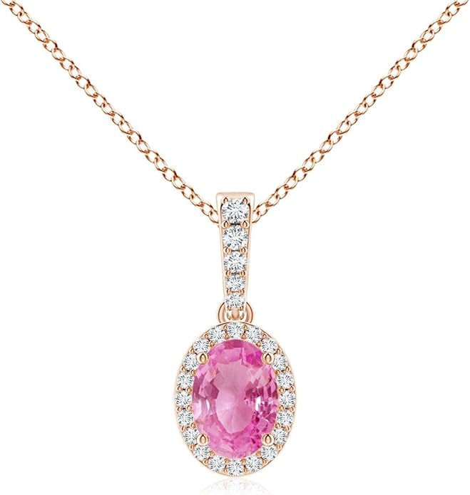 Angara Natural Pink Sapphire Pendant for Women | Vintage Style Oval Pink Sapphire Halo Pendant in 14K Solid Gold/Platinum With 18" Chain | Birthday, Anniversary, Gemstone Jewelry Gift