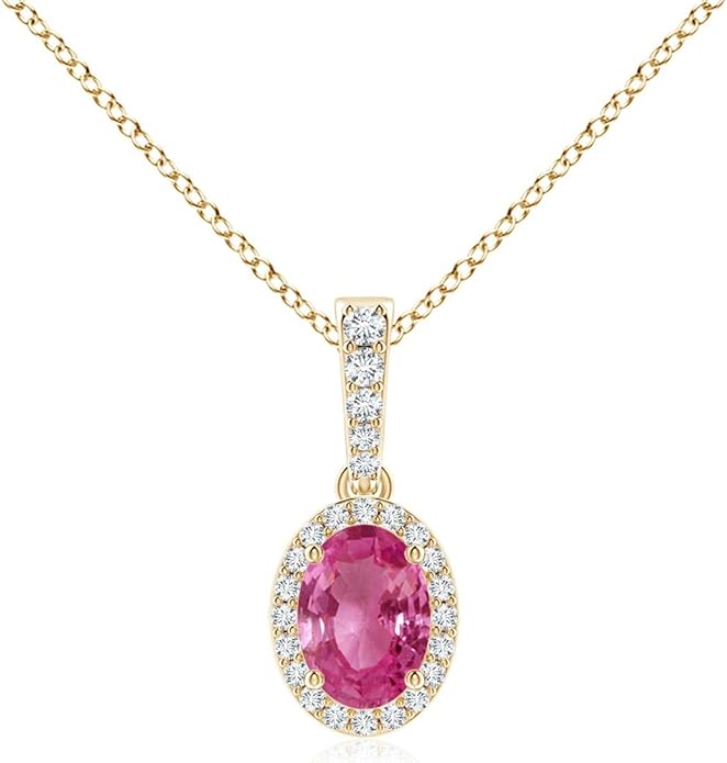 Angara Natural Pink Sapphire Pendant for Women | Vintage Style Oval Pink Sapphire Halo Pendant in 14K Solid Gold/Platinum With 18" Chain | Birthday, Anniversary, Gemstone Jewelry Gift
