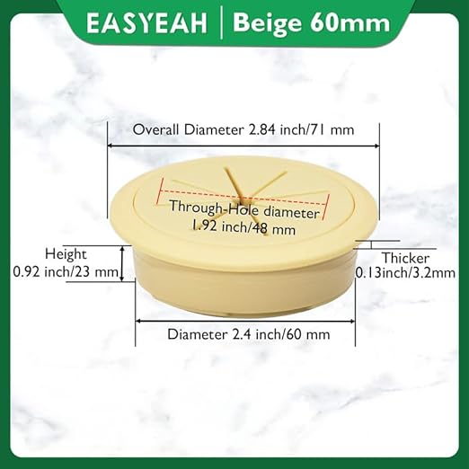 2 Pcs Desk Grommet 2-3/8" / 60 mm, Desk Hole Cover for Cables Beige, Cable Grommet ABS Plastic, Desk Hole Grommet for Home & Office Pc, Detachable Cable Cord Organizer
