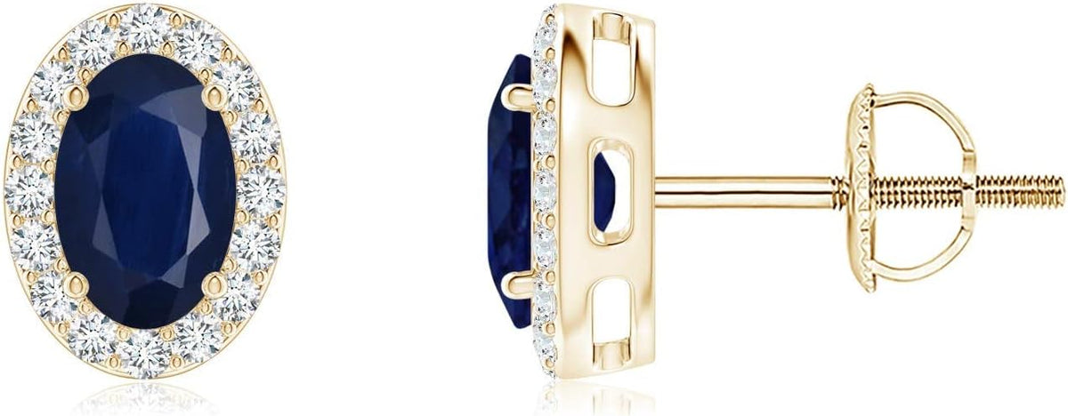 ANGARA Natural Blue Sapphire Earrings for Women | Prong-Set Oval Blue Sapphire Stud Earrings with Diamond Halo in 14K Solid Gold/Platinum | September Birthday, Anniversary, Gemstone Jewellery Gift