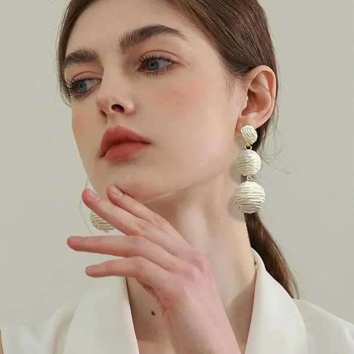 4 Pairs Handmade Raffia Rattan Bohemian Round Drop Dangle Earrings for Women, Boho Statement Cute Fun Hoop Earrings Set