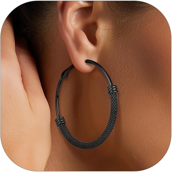KeyStyle Mesh Hoop Earrings for Women, Stainless Steel Gold Hoops Earring Lightweight Loops, 2MM Thick Hypoallergenic Circle Endless Hollow Hoop 20mm-80mm