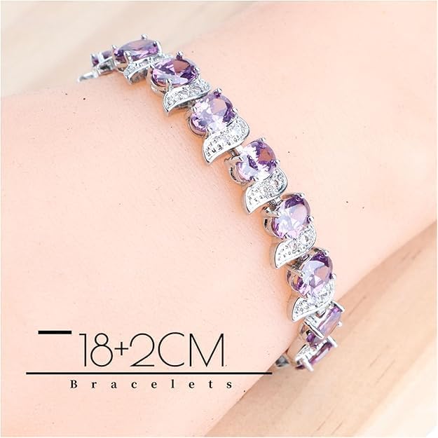 OLALACLAYCO, 4 Pcs Flower Drop Emerald Green Big Cubic Zircon Dubai Women Party Costume Jewelry Sets for Brides Wedding Luxury, Platinum Plated Jewlery Set, gifts for family and loved ones during the holidays. (Purple Zircon 925 Silver)