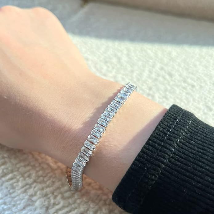 Solid Gold over S925 Sterling Silver Rectangle Cut Moissanite Tennis Bracelet, Geometric Adjustable Link Design, Trendy Gift for Fashion-Forward Women