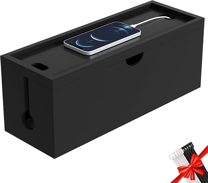 Bamboo Cable Management Box, Large Cord Organizer Box Cable Box to Hide Wires & Power Strips for Desktop Storage Cord Holder for Office Home,No Assembley Required (All Black, Large)