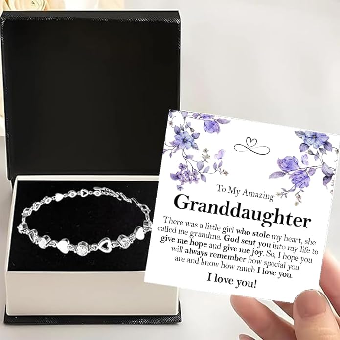To My Granddaughter Bracelet from Grandma and Grandpa, Heart Chain Bracelet with Shiny Stones, Perfect Birthday or Graduation Christmas Gift for Granddaughter with Message Card and Gift Box