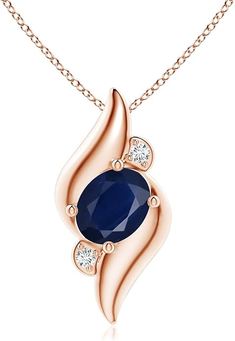 Angara Natural Blue Sapphire Pendant for Women | Shell Style Oval Sapphire and Diamond Pendant in 14K Solid Gold/Silver/Platinum With 18" Chain | September Birthday, Gemstone Jewelry Gift