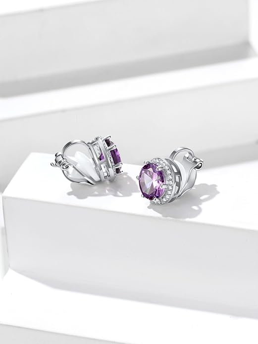 Silvora 925 Silver 8MM Cubic Zirconia Birthstone Clip On Stud Earrings Round Non Pierced Earrings For Women,Come with Box