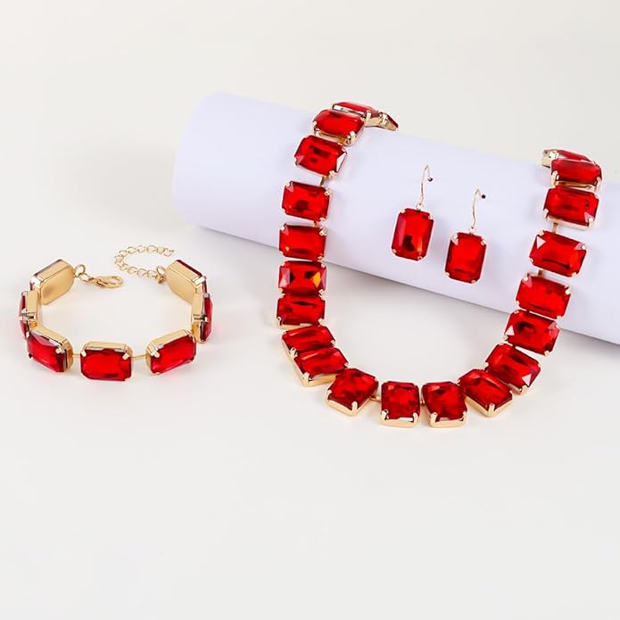 KOSMOS-LI Rectangle Faux Crystal Jewelry Sets Includ Necklace Bracelet Earrings For Women Stocking Stuffers