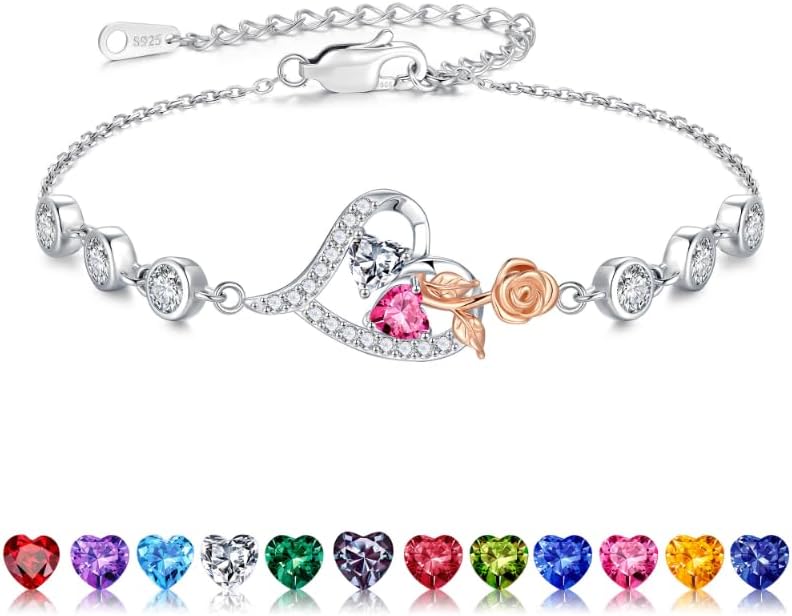 Iefil Valentines Day Gifts for Her - 925 Sterling Silver Rose Heart Birthstone Bracelets, Anniversary Birthday Gifts for Women Wife Mom Daughter, 6"+2"