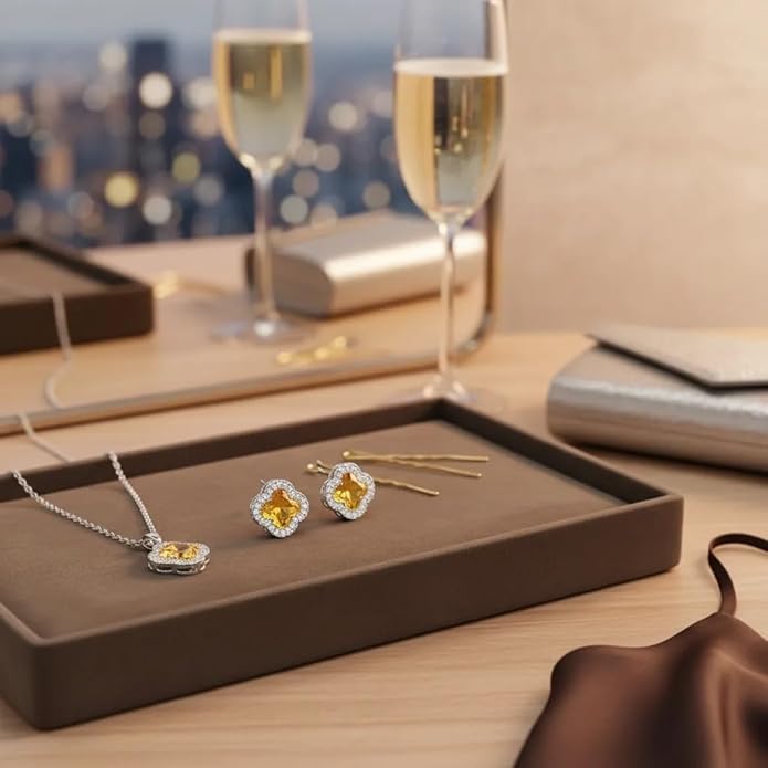 Four Leaf Clover Necklace and Earrings Set for Women, Clover Jewelry Set with Pendant Necklace and Stud Earrings, Brilliant Cubic Zirconia, Polished Metal Setting, Hypoallergenic, & Lightweight
