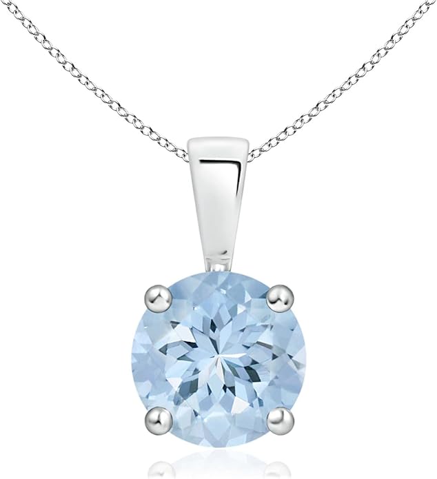 Angara Natural Aquamarine Solitaire Pendant for Women | Round Aquamarine Solitaire Pendant Necklace in 14K Solid Gold/Silver/Platinum With 18" Chain | March Birthday, Gemstone Jewelry Gift