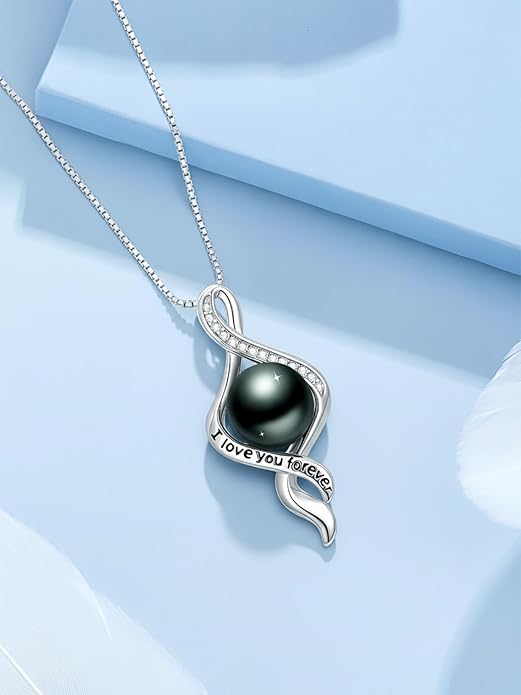 Tahitian Black Pearl 18K White Gold Plated Sterling Silver Heart/Infinity/Four Leaf Clover Pendant Necklace Jewelry Gifts for Women Wife Mom Girlfriend Wedding Birthday Anniversary Christmas