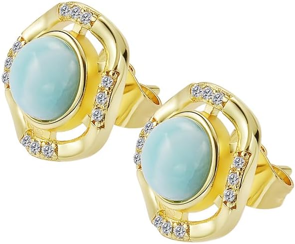 Larimar Stone Stud Earrings for Women, Gold Plated Brass