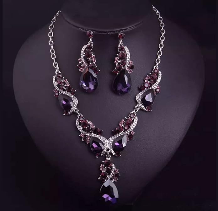 Secret for Longevity Silver Tone Antique Style Art Deco Dark Purple Eggplant Amethyst Rhinestone Statement Wedding Bridal Prom Chunky Statement Earrings Necklace Gift Set