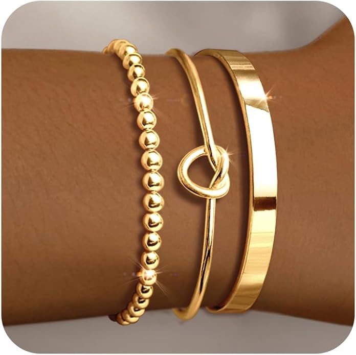 Gold Bracelets for Women 18k Gold Plated Bracelet Stack Bangle Cuff Bracelet Set for Women Non Tarnish Beaded/Paperclip/Cuban Link Chain Bracelets Jewelry for Women Trendy