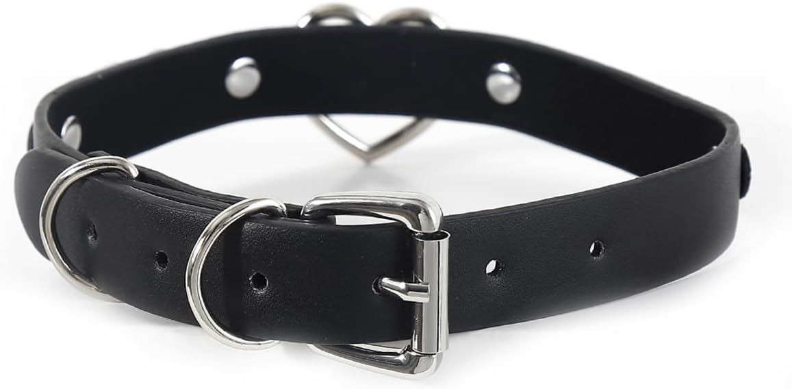 Succuba Handmade Heart Ring Rhinestone Letter Pu Leather Choker Collar Necklace for Women and Men