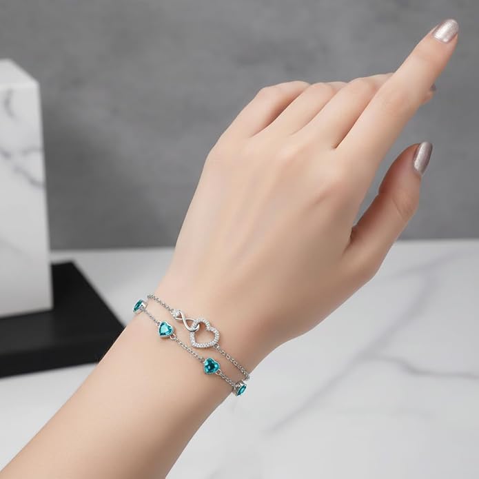 Prismata Infinity Birthstone Charm Link Bracelet 925 Sterling Silver Adjustable 12 Months Birthstone Infinity Bracelet Birthday Jewelry Gifts for Women Mom Her,with 7"+2" chain