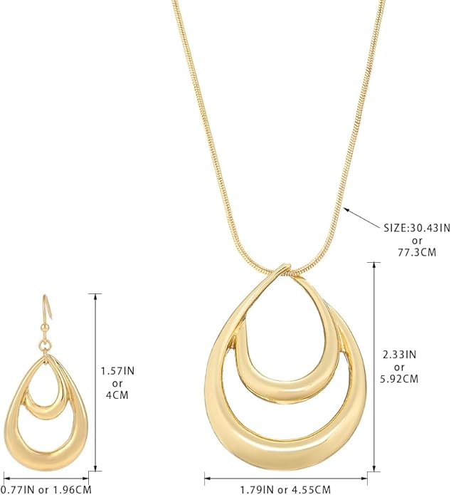 Madison Tyler Gold Plated Jewelry Set for Women | Silver Teardrop Pendant Necklace Trendy | Long Necklace with Snake Chain | Fashion Dangle Earring Set