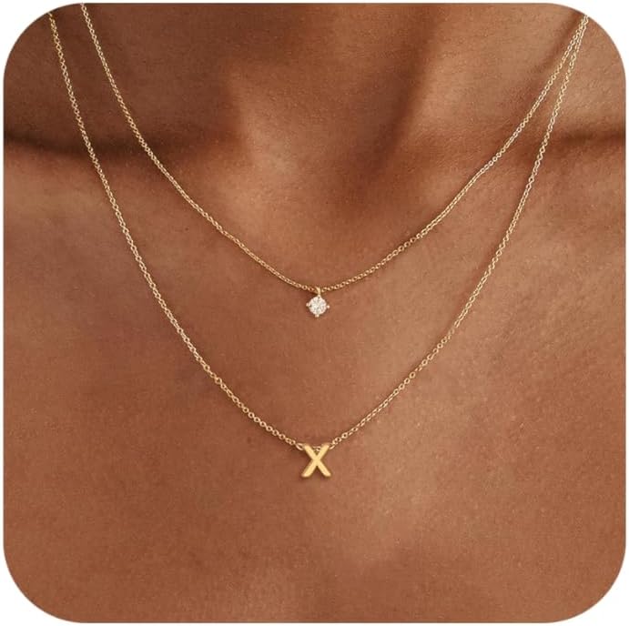 Layered Initial Necklaces for Women, 14k Gold Plated Letter Necklace Set Dainty Gold Initial Necklace Stack Cute Layering Choker Necklaces for Women Trendy Fashion Jewelry