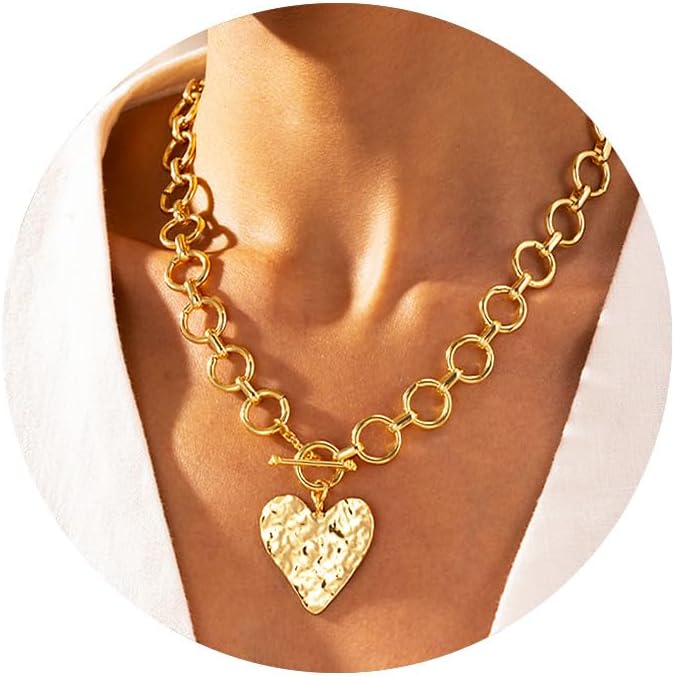 Chunky Gold Heart Necklace for Women，14K Gold Plated Puffy Heart Pendant Bold Chain Necklace with Toggle Clasp，Waterproof Non Tarnish Hypoallergenic Chunky Statement Jewelry Gift for Women