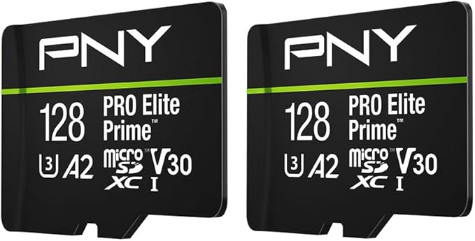 PNY 128GB PRO Elite Prime C10 U3 V30 A2 microSDXC Flash Memory Card – Ultra-Fast Speeds, Read 200MB/s, Write 150MB/s, 4K UHD, Full HD, UHS-I, for Smartphones, Drones, Action Cameras, 2-Pack