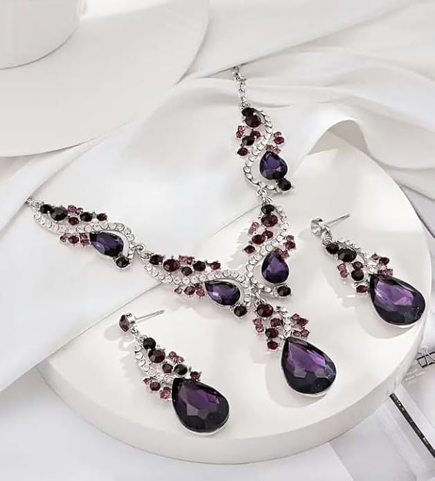 Secret for Longevity Silver Tone Antique Style Art Deco Dark Purple Eggplant Amethyst Rhinestone Statement Wedding Bridal Prom Chunky Statement Earrings Necklace Gift Set