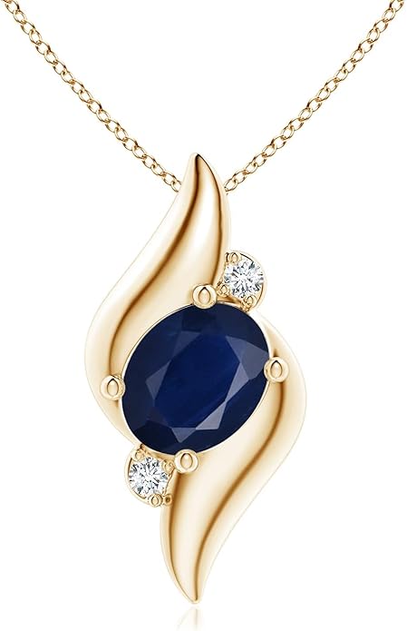Angara Natural Blue Sapphire Pendant for Women | Shell Style Oval Sapphire and Diamond Pendant in 14K Solid Gold/Silver/Platinum With 18" Chain | September Birthday, Gemstone Jewelry Gift