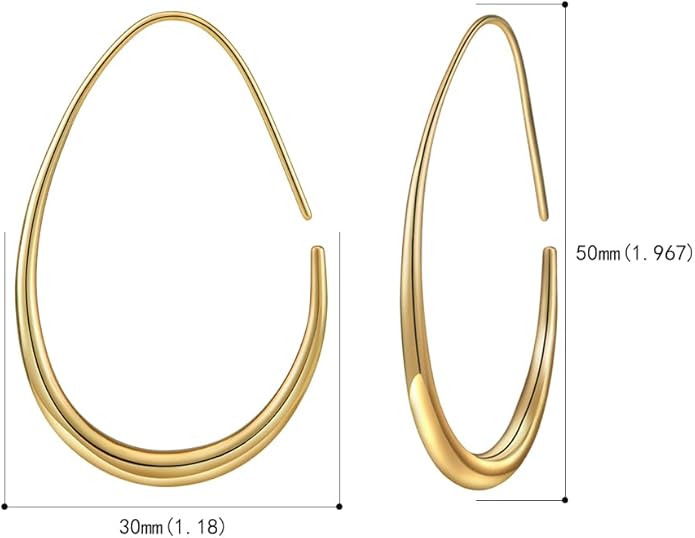 Lightweight Teardrop Hoop Earrings for Women - 14k Gold/White Gold Plated Large Oval Pull Through Hoop Earrings High Polished Statement Jewelry Gift for Women