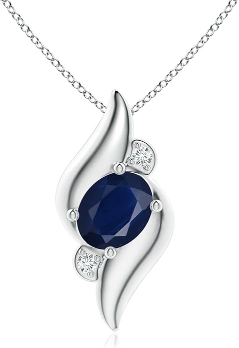 Angara Natural Blue Sapphire Pendant for Women | Shell Style Oval Sapphire and Diamond Pendant in 14K Solid Gold/Silver/Platinum With 18" Chain | September Birthday, Gemstone Jewelry Gift