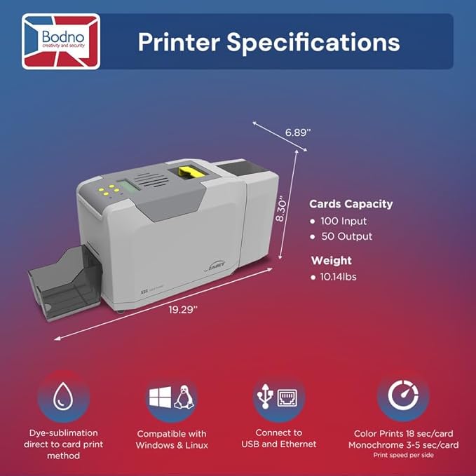 Bodno Seaory S28 Dual Sided ID Card Printer & Complete Supplies Package ID Software and Camera - Gold Edition