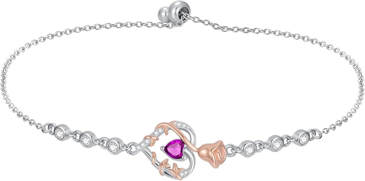 Birthstone Charm Link Bracelet 925 Sterling Silver Rose/Heart/Mom Bracelet with 12 Months Birthstone Mother's Day Gift Jewelry Gifts for Women,Chain Length 7"+2" Extend