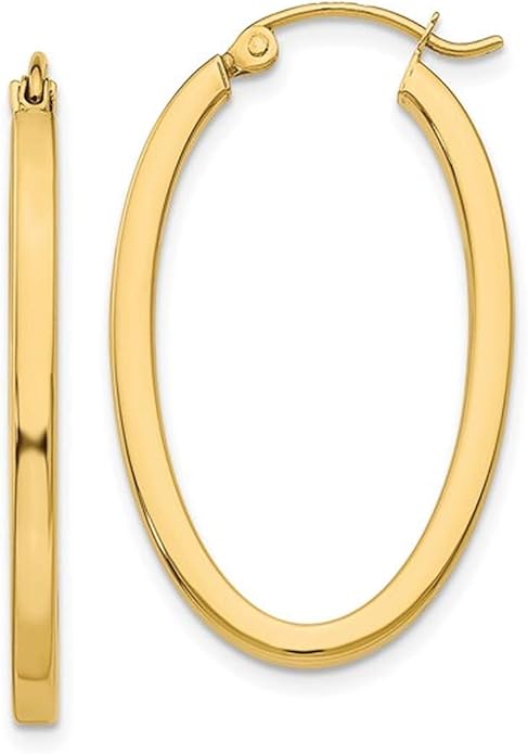 14K Gold Oval Hoop Earrings, (31-52mm) (2mm Tube)