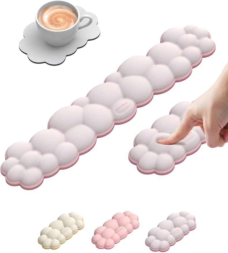 Vaydeer Cloud Keyboard Wrist Rest Set – Ergonomic Memory Foam Wrist Pad for Computer, Laptop & Gaming, Non-Slip Cute Desk Accessories for Office(Keyboard Rest + Mouse Rest + Coaster)
