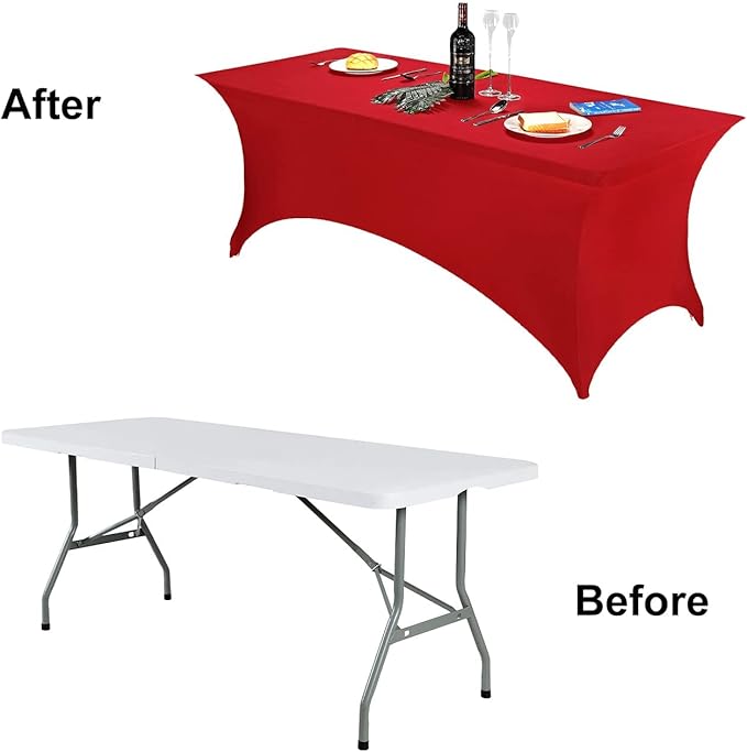 FORLIFE 4Pack Spandex Table Covers，Fitted Tablecloth for Rectangular Tables, Stretch Patio Table Covers, Universal Spandex Table Cover for Wedding, Banquet, Party (8ft, Red)