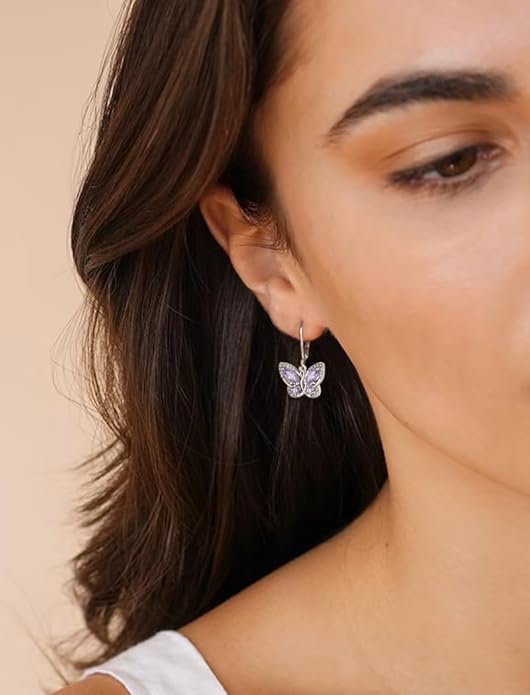 Starchenie Butterfly Earrings for Women 925 Sterling Silver Leverback Earrings Birthstone Butterfly Jewelry Gifts