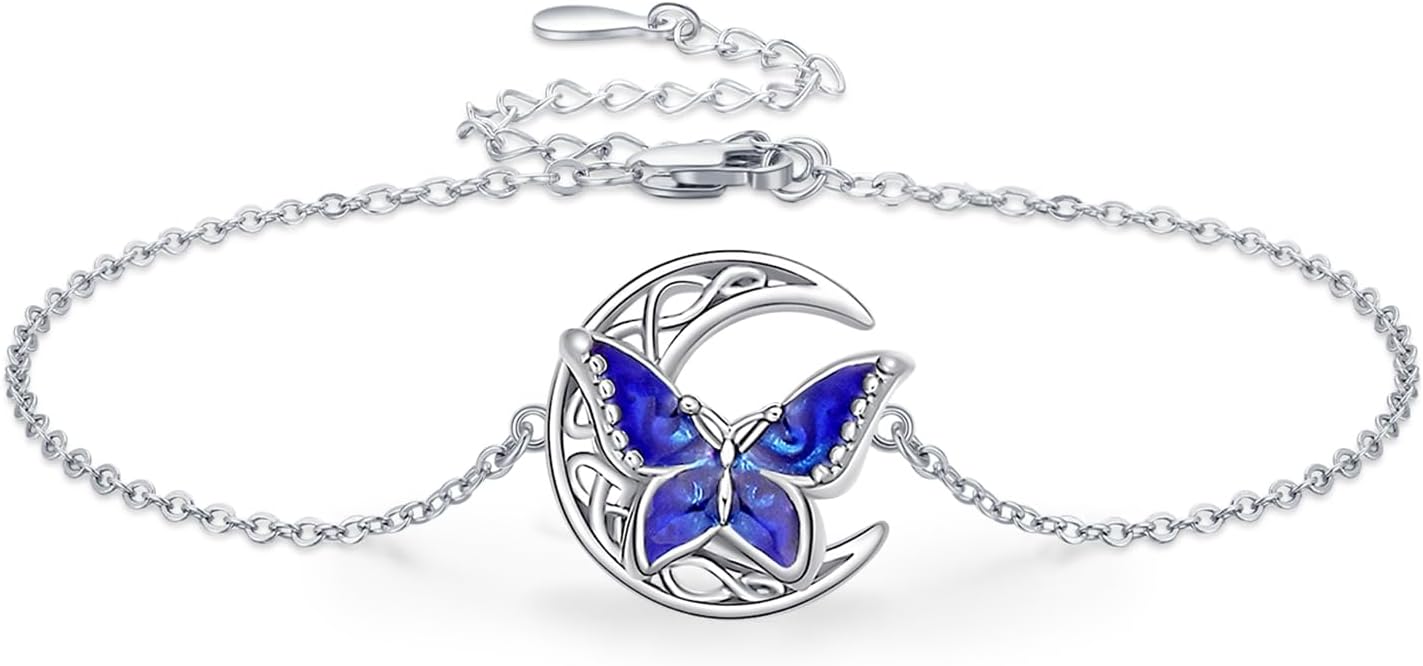 Dragonfly Bracelet 925 Sterling Silver Butterfly Bracelet Adjustable Celtic Moon Bracelet Irish Celtic Jewelry Gifts for Women