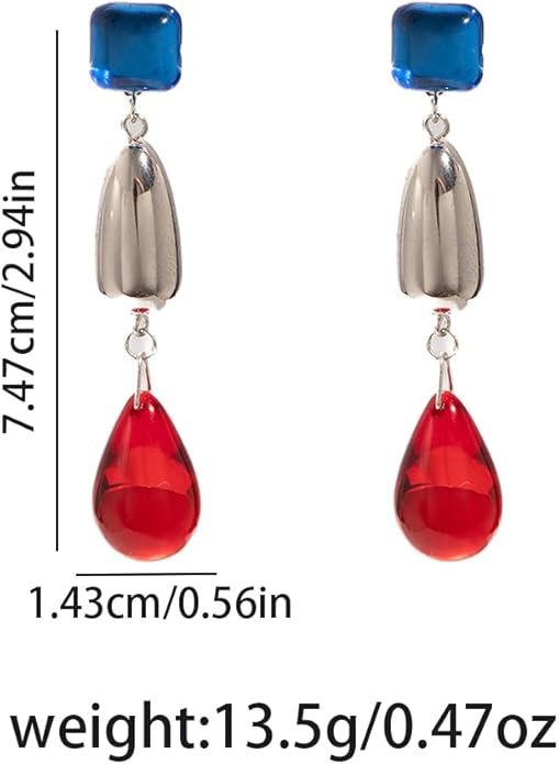 Colorful Statement Drop Earrings with Blue Square, Silver Bead and Red Teardrop Dangle, Bold Geometric Fashion Jewelry for Women