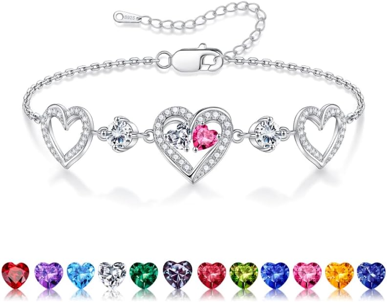 Iefil Valentines Day Gifts for Her - 925 Sterling Silver Heart Birthstone Bracelet Birthday Anniversary Jewelry Gifts for Her Wife