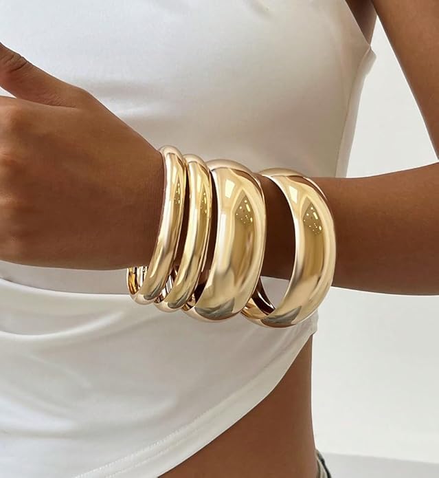 Chunky Gold Bangle Bracelets for Women, Dainty 14k Gold Plated Big Stackable Bangles Set, Trendy Statement Cuff Bracelet Stack Fashion Jewelry Christmas Gifts