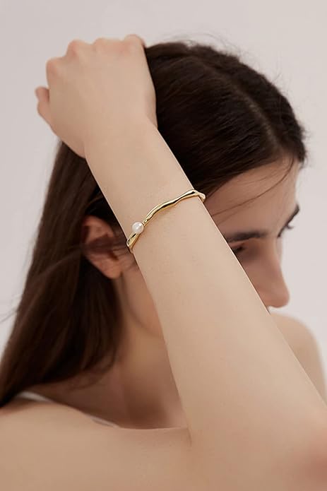 PERNNLA PEARL Dainty Gold Bar Bracelet for Women Simple Delicate Thin Cuff Bangle Hook Bracelet 18K Gold Plated Handmade Minimalist Jewelry