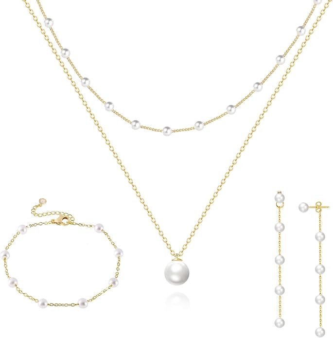 Zeffy Gold Pearl Necklace for Women, Dainty 14K Gold/Silve Plated Layered Pearl Choker Pearl Earrings Pearl Bracelets Wedding Trendy Gold Jewelry Set for Women Gifts