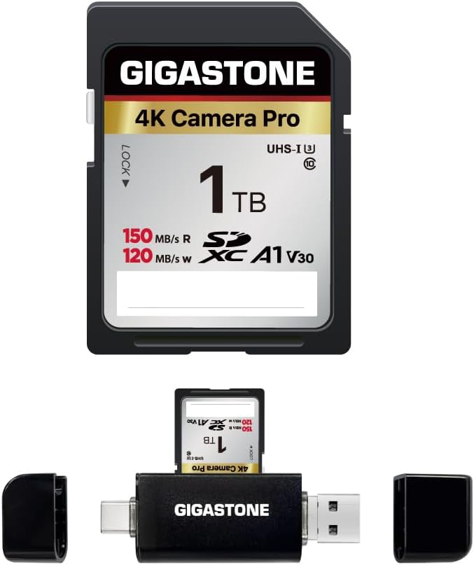 [5-Yrs Free Data Recovery] GIGASTONE 1TB SD Card with USB Type C Card Reader, 4K Camera Pro, A1 V30 U3 SDXC Memory Card Compatible with Canon Digital Camera, with 1 Mini case