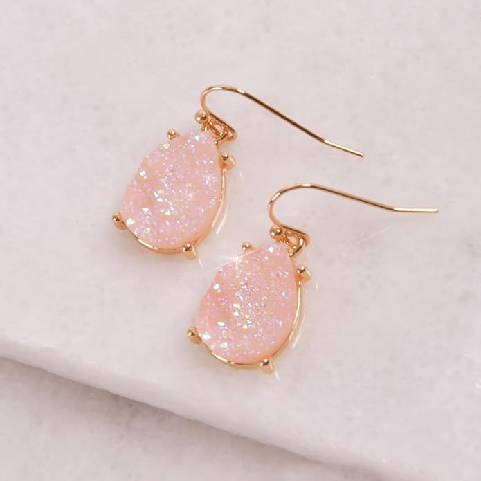 Teardrop Dangle Earrings for Women with Simulated Druzy Stones in Gold or Silver Tone