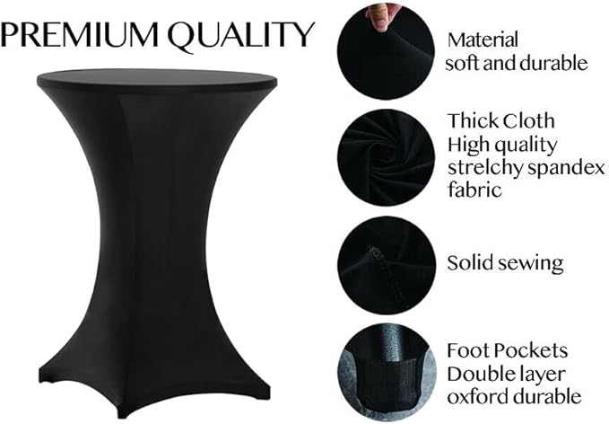 Tina's 4 Pack 36x43 Inch Highboy Spandex Cocktail Table Covers, Black, Fitted Stretch Cocktail Table Tablecloth for Round Tables